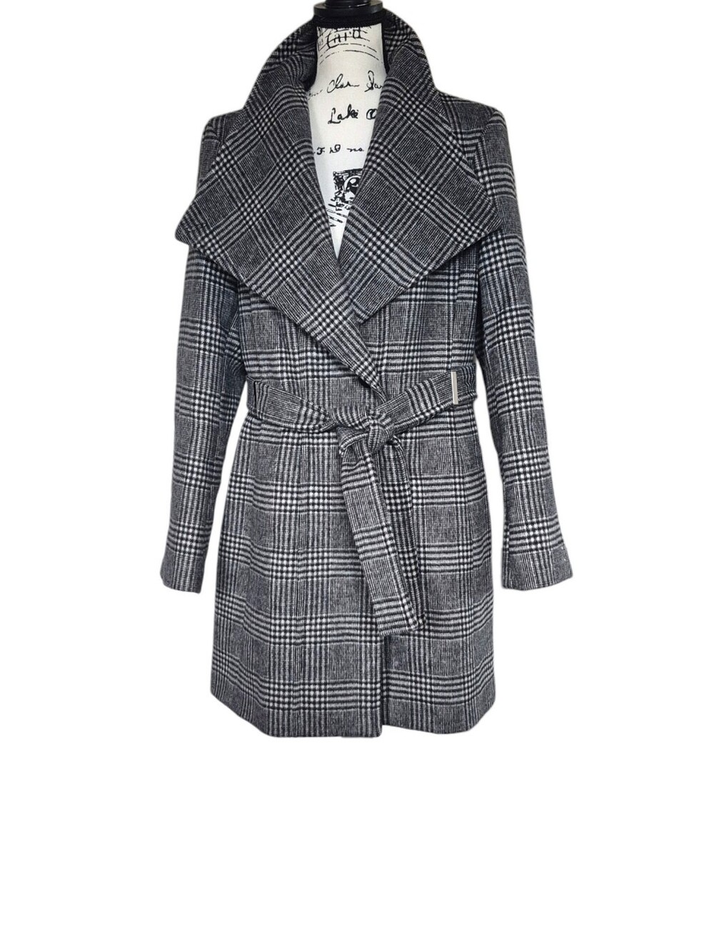 CK Wool Blend Plaid Coat XL Gray Belted Shawl Collar Winter Classic Scandi Cozy